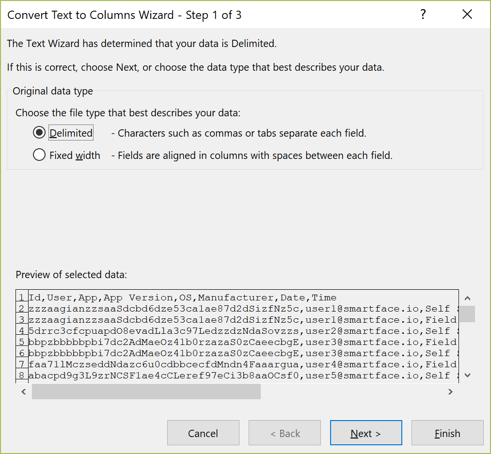 Excel Text to Columns Wizard step 1