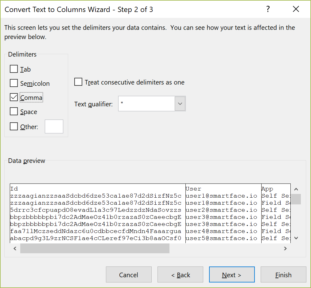 Excel Text to Columns Wizard step 2