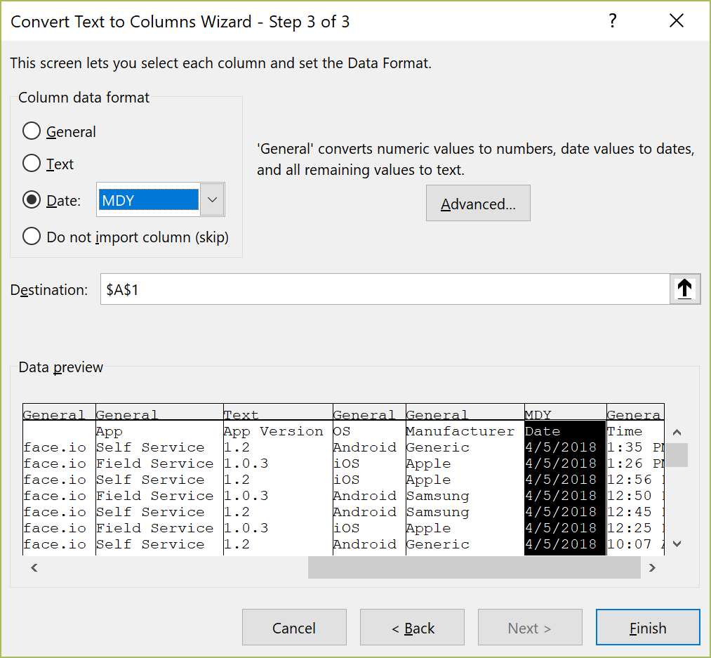 Excel Text to Columns Wizard step 3